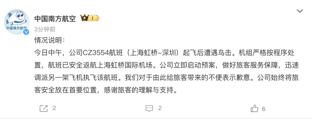 上海飞深圳一航班起飞后遭遇鸟击，南方航空：已安全返航